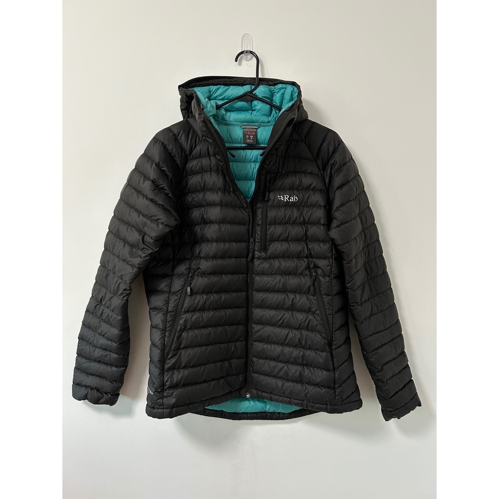 Rab Microlight Alpine Jacket Women Large Black Gorpcore Puffer Hood Down